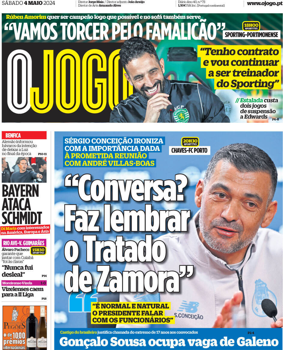 O Jogo: Capa da Edi&ccedil;&atilde;o de s&aacute;bado, 04 de maio 2024