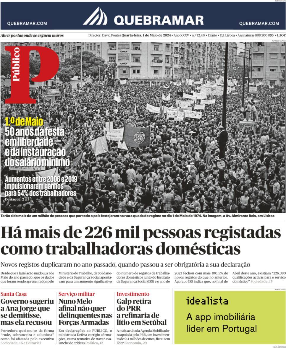Jornal de Not&iacute;cias: Capa da Edi&ccedil;&atilde;o de quarta-feira, 01 de maio 2024