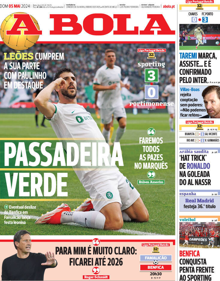 A Bola: Capa da Edi&ccedil;&atilde;o de domingo, 05 de maio 2024