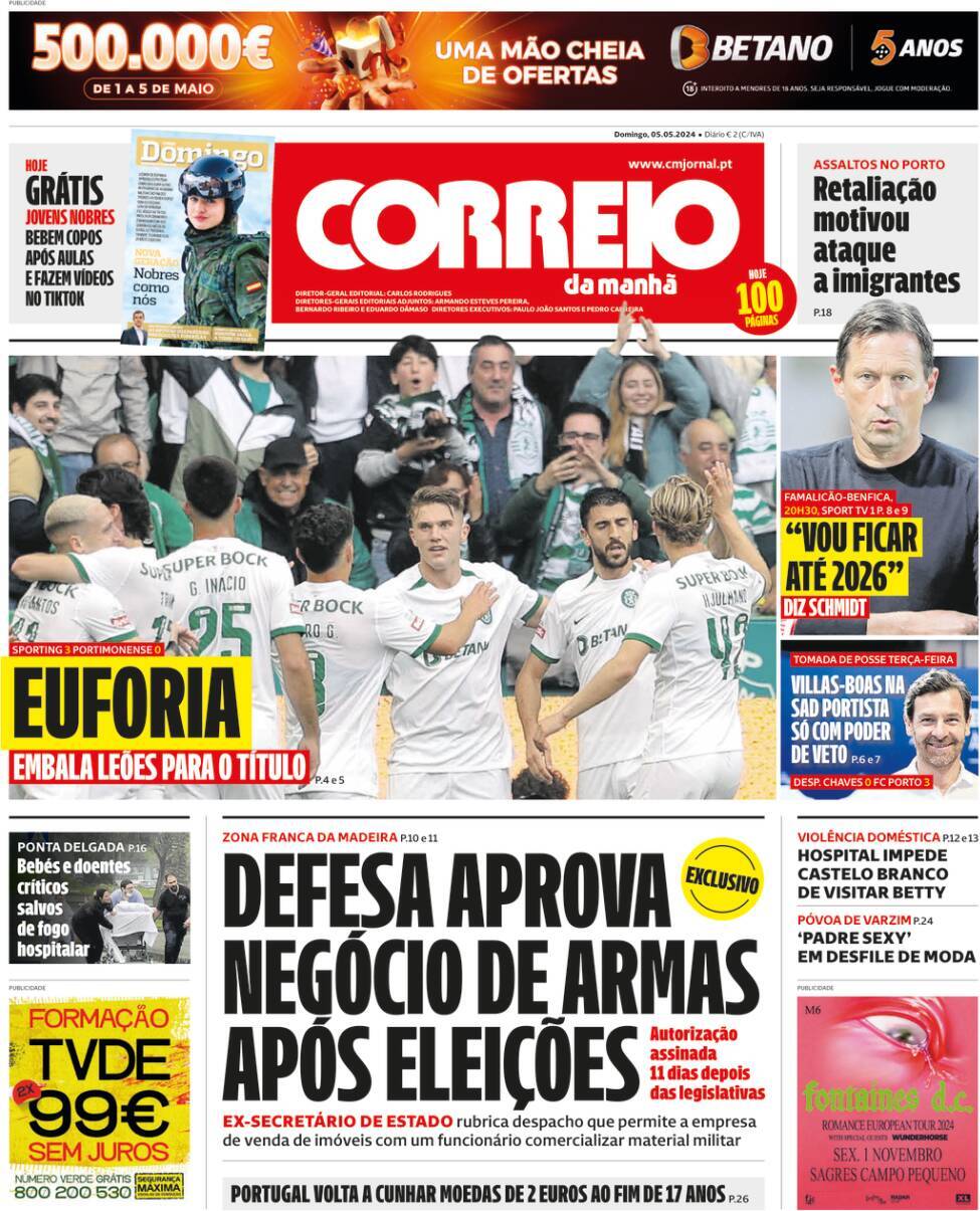Correio da Manh&atilde;: Capa da Edi&ccedil;&atilde;o de domingo, 05 de maio 2024