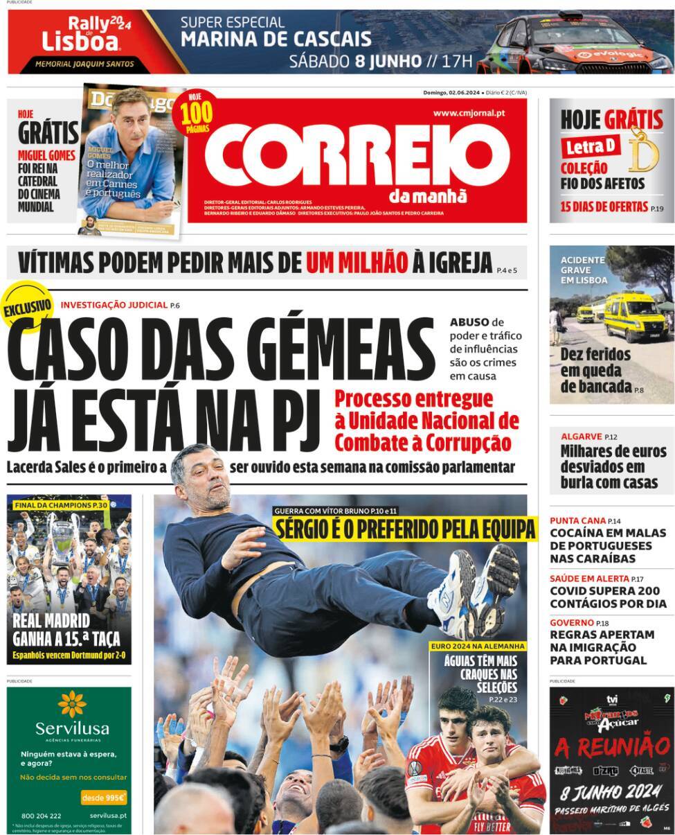 Correio da Manh&atilde;: Capa da Edi&ccedil;&atilde;o de domingo, 02 de junho 2024