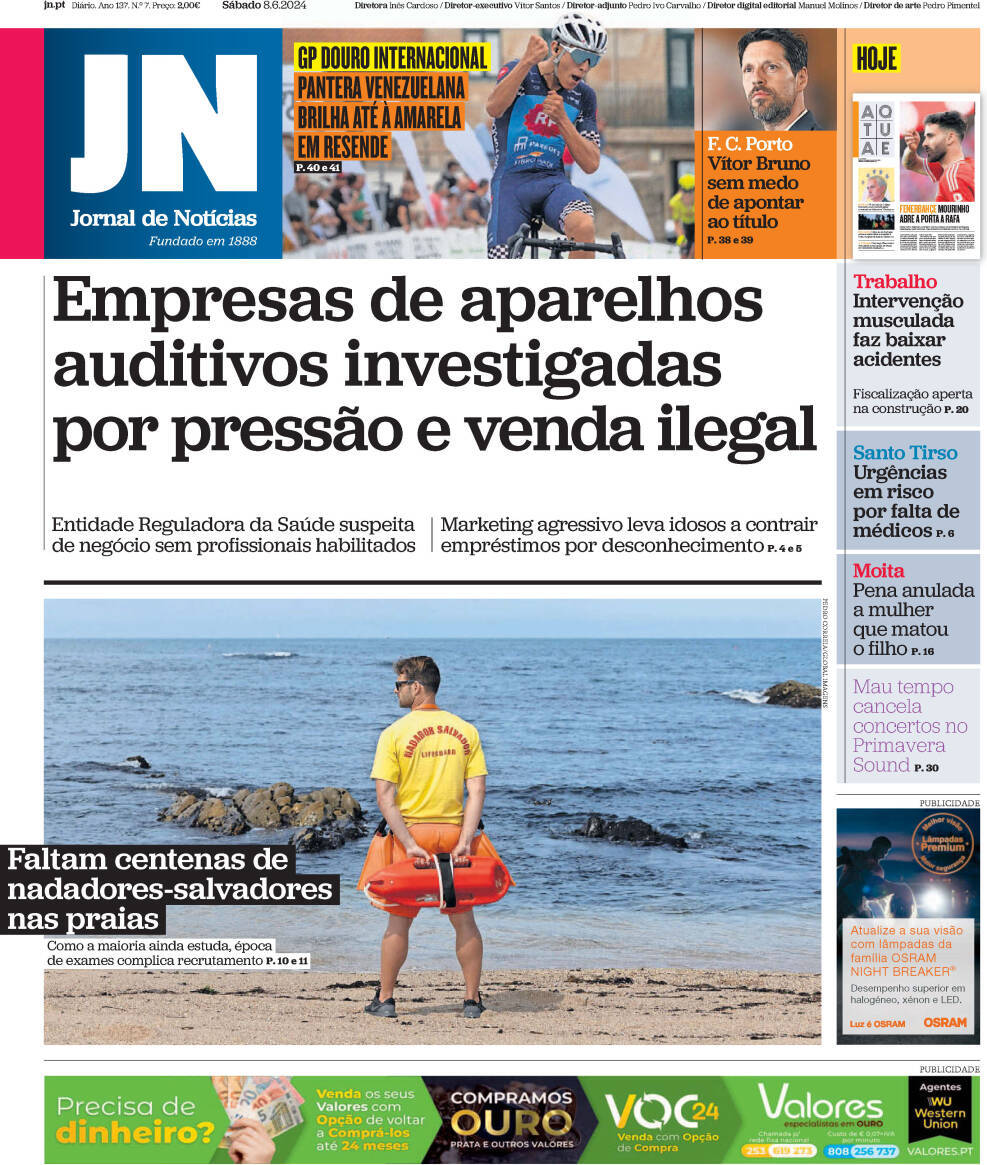 Jornal de Not&iacute;cias: Capa da Edi&ccedil;&atilde;o de s&aacute;bado, 08 de junho 2024