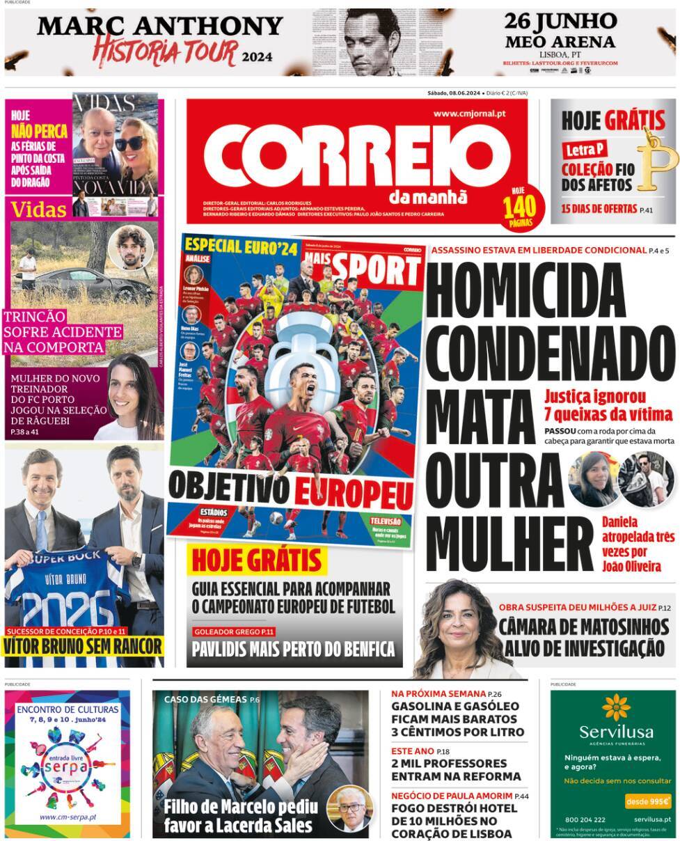 Correio da Manh&atilde;: Capa da Edi&ccedil;&atilde;o de s&aacute;bado, 08 de junho 2024