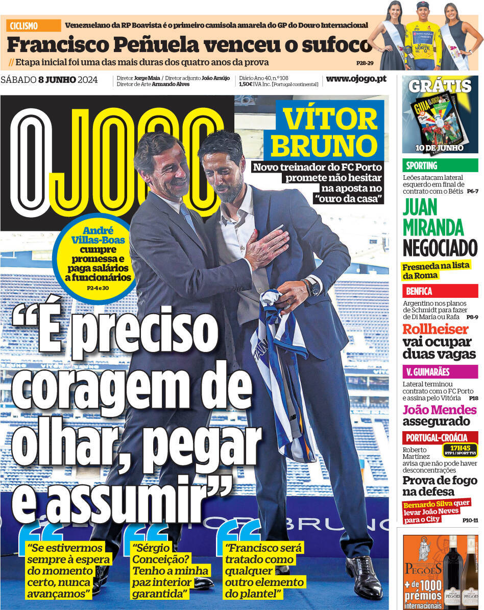 O Jogo: Capa da Edi&ccedil;&atilde;o de s&aacute;bado, 08 de junho 2024