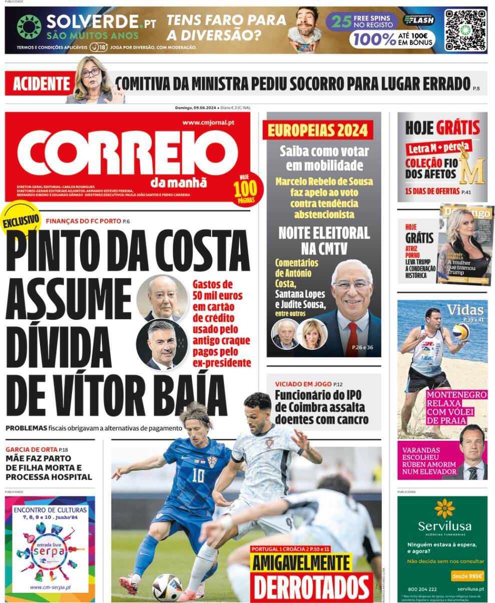 Correio da Manh&atilde;: Capa da Edi&ccedil;&atilde;o de domingo, 09 de junho 2024