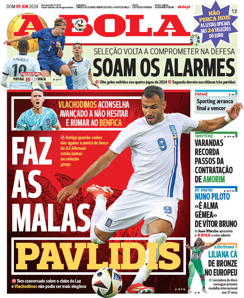 A Bola: Capa da Edi&ccedil;&atilde;o de domingo, 09 de junho 2024