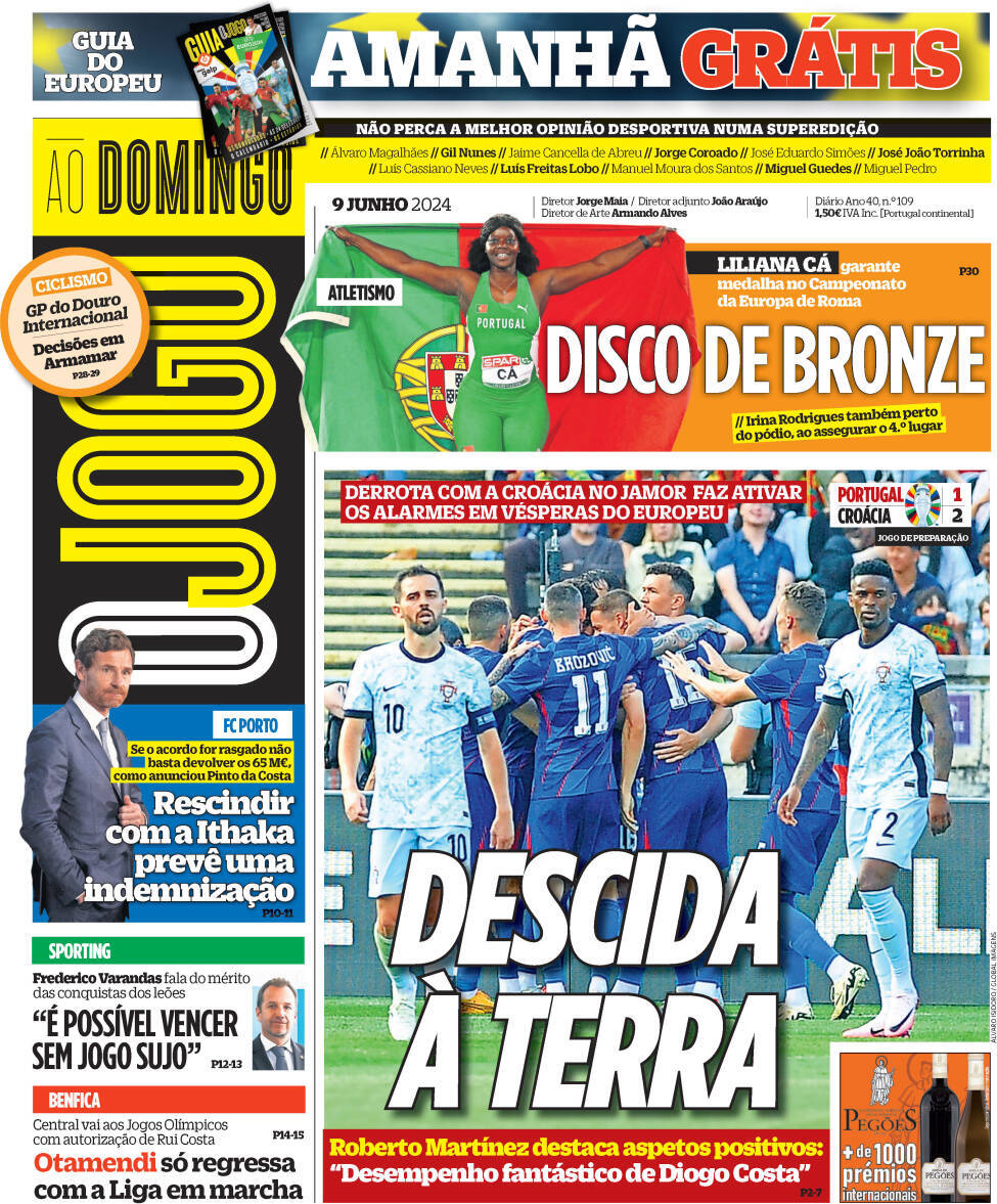 O Jogo: Capa da Edi&ccedil;&atilde;o de domingo, 09 de junho 2024