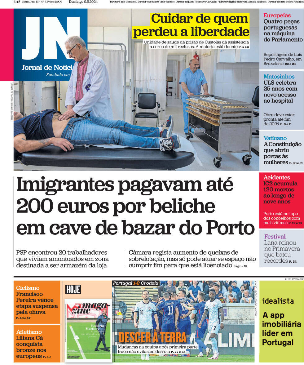 Jornal de Not&iacute;cias: Capa da Edi&ccedil;&atilde;o de domingo, 09 de junho 2024