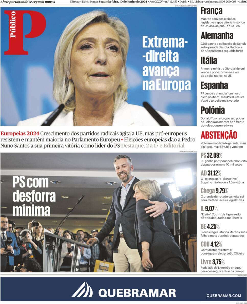 P&uacute;blico: Capa da Edi&ccedil;&atilde;o de segunda-feira, 10 de junho 2024