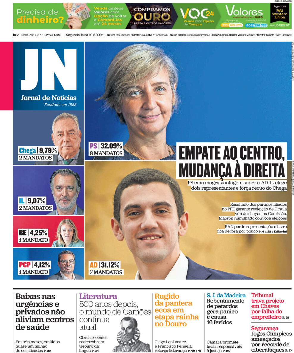 Jornal de Not&iacute;cias: Capa da Edi&ccedil;&atilde;o de segunda-feira, 10 de junho 2024