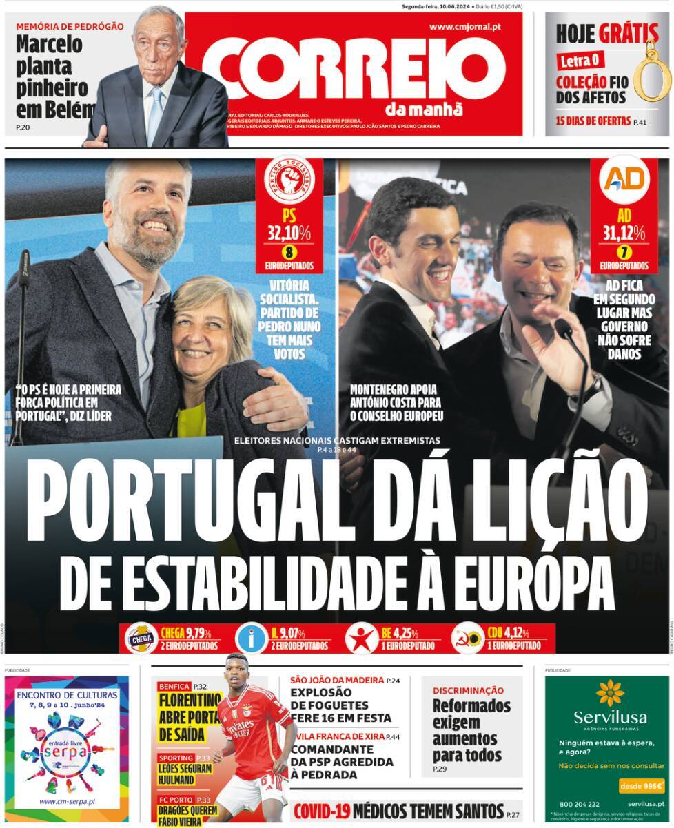 Correio da Manh&atilde;: Capa da Edi&ccedil;&atilde;o de segunda-feira, 10 de junho 2024