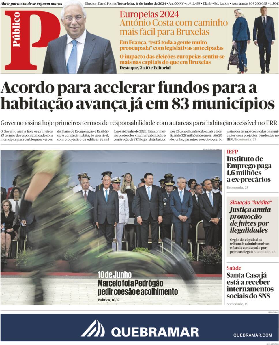 P&uacute;blico: Capa da Edi&ccedil;&atilde;o de ter&ccedil;a-feira, 11 de junho 2024
