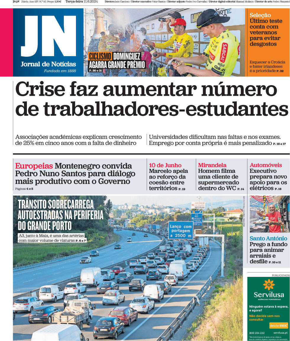 Jornal de Not&iacute;cias: Capa da Edi&ccedil;&atilde;o de ter&ccedil;a-feira, 11 de junho 2024