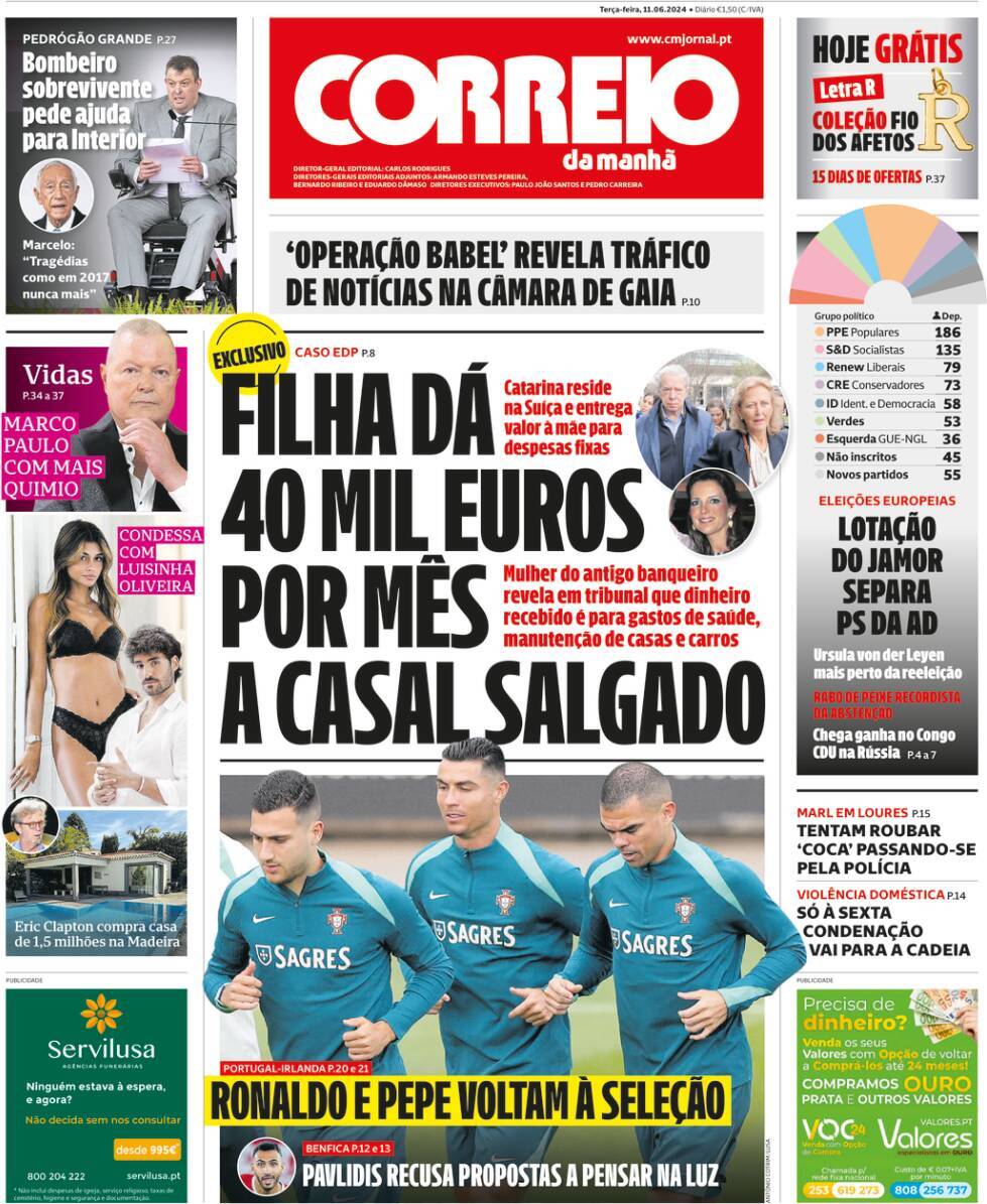 Correio da Manh&atilde;: Capa da Edi&ccedil;&atilde;o de ter&ccedil;a-feira, 11 de junho 2024