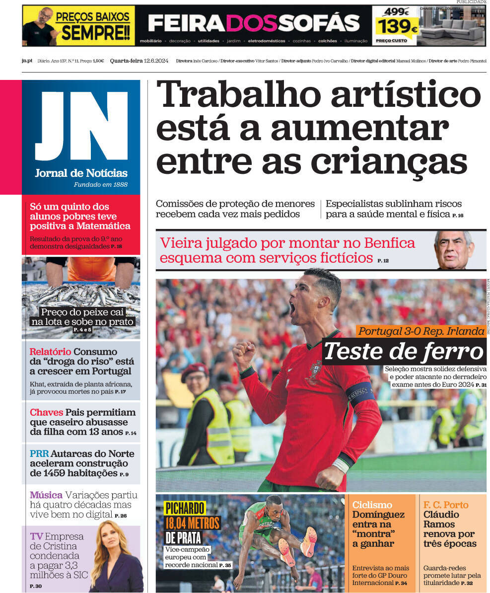 Jornal de Not&iacute;cias: Capa da Edi&ccedil;&atilde;o de quarta-feira, 12 de junho 2024