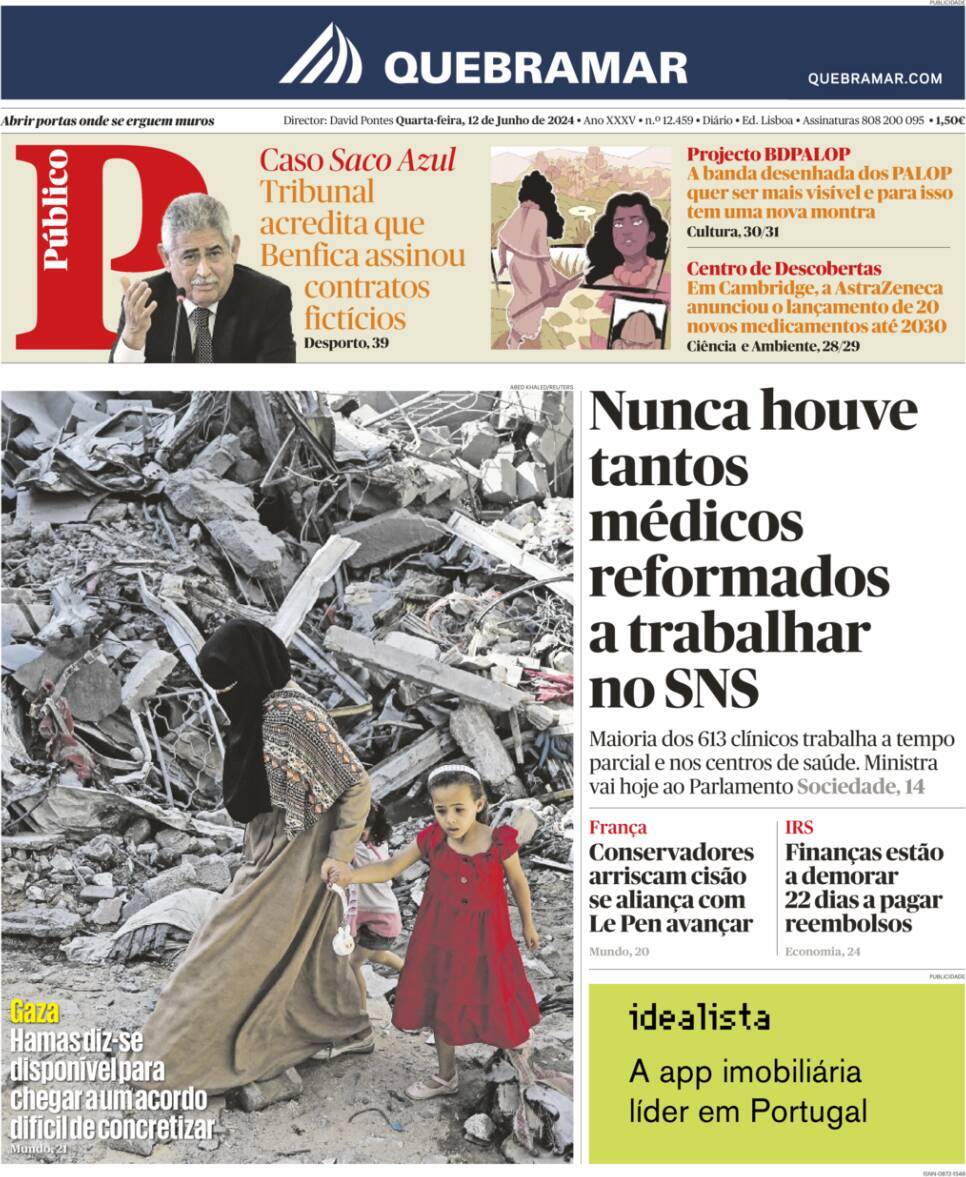 P&uacute;blico: Capa da Edi&ccedil;&atilde;o de quarta-feira, 12 de junho 2024