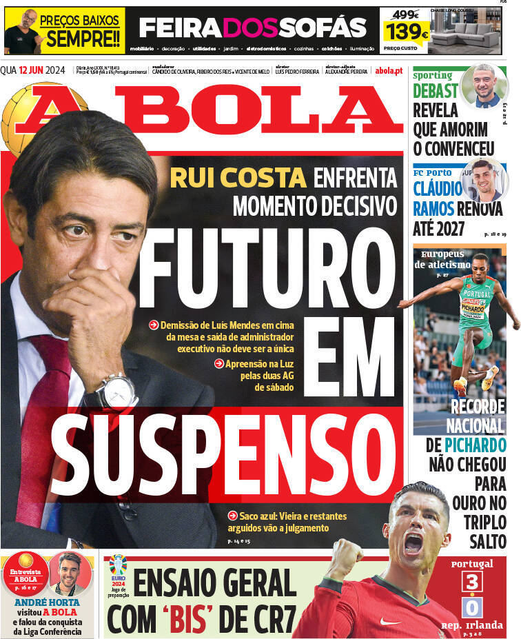 A Bola: Capa da Edi&ccedil;&atilde;o de quarta-feira, 12 de junho 2024