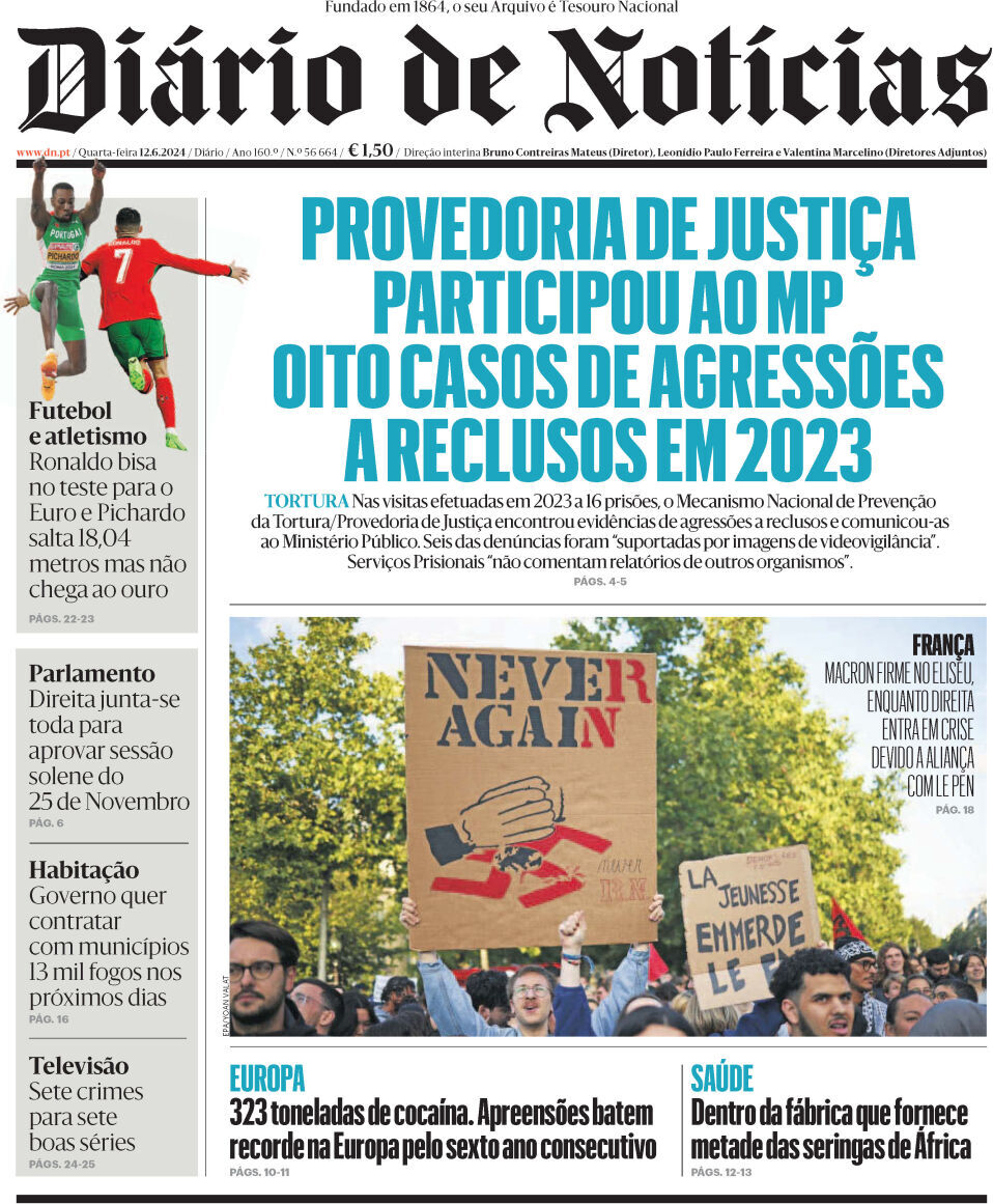 Di&aacute;rio de Not&iacute;cias: Capa da Edi&ccedil;&atilde;o de quarta-feira, 12 de junho 2024
