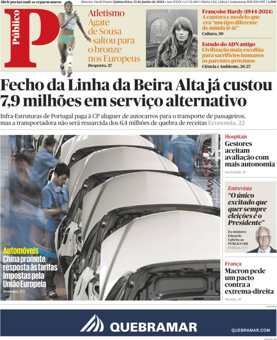 P&uacute;blico: Capa da Edi&ccedil;&atilde;o de quinta-feira, 13 de junho 2024