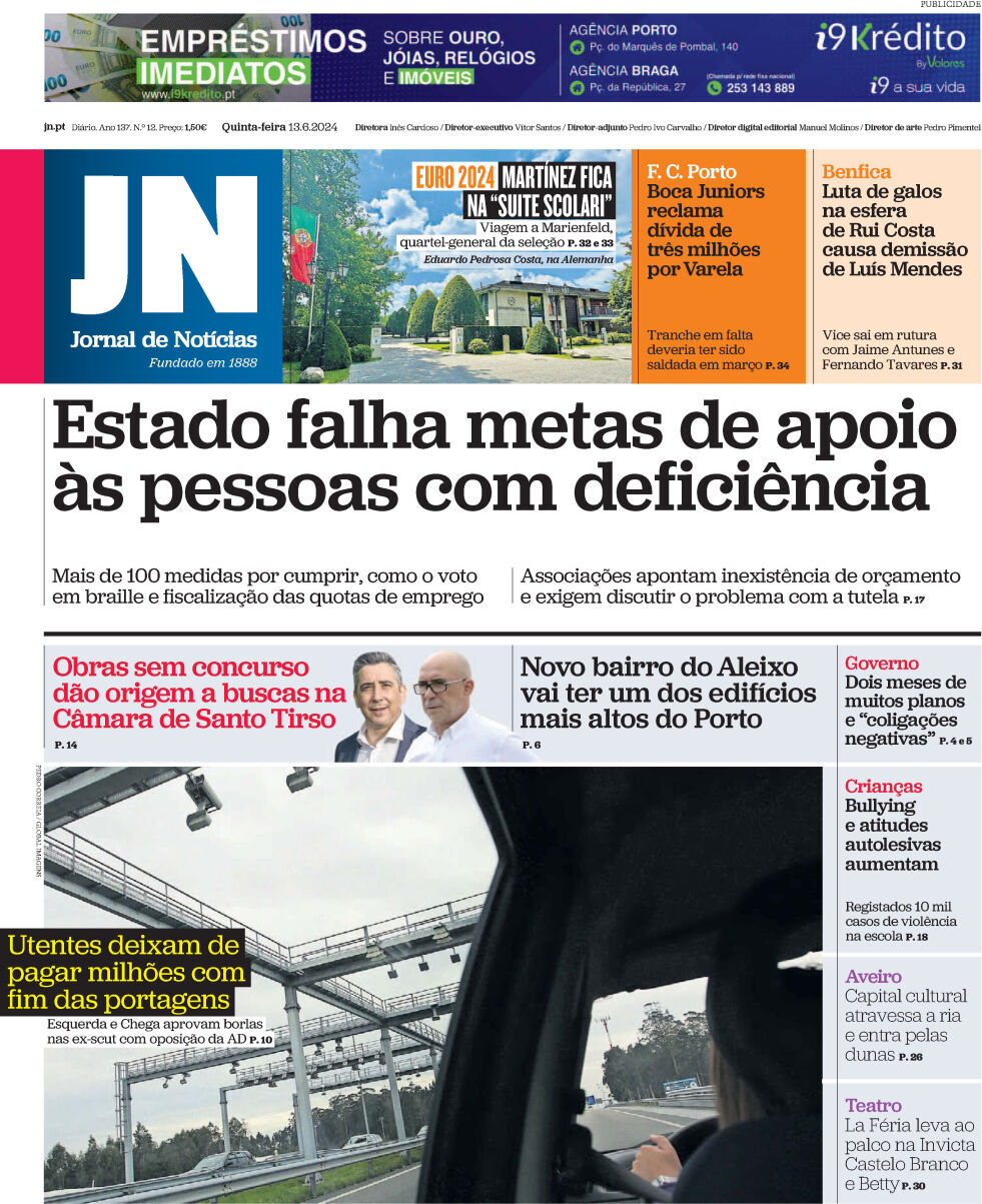 Jornal de Not&iacute;cias: Capa da Edi&ccedil;&atilde;o de quinta-feira, 13 de junho 2024