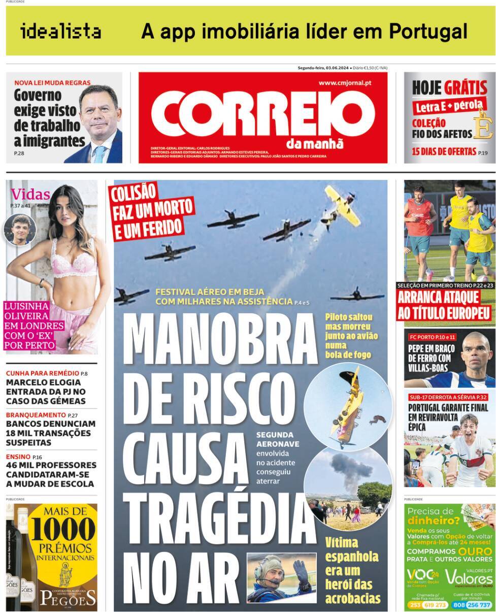 Correio da Manh&atilde;: Capa da Edi&ccedil;&atilde;o de segunda-feira, 03 de junho 2024