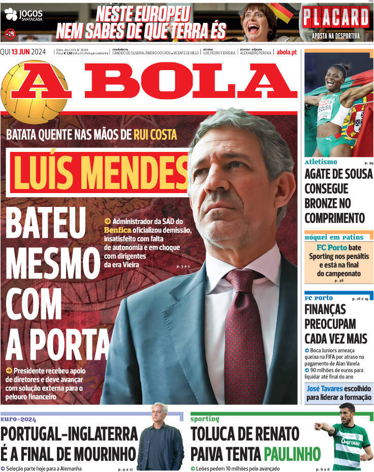 A Bola: Capa da Edi&ccedil;&atilde;o de quinta-feira, 13 de junho 2024