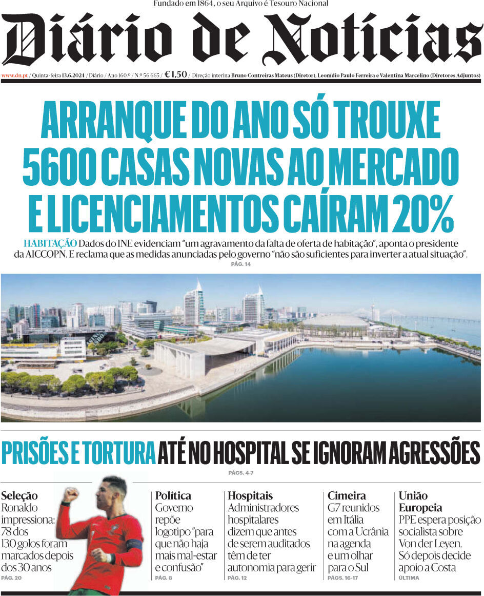 Di&aacute;rio de Not&iacute;cias: Capa da Edi&ccedil;&atilde;o de quinta-feira, 13 de junho 2024