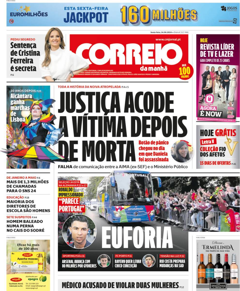 Correio da Manh&atilde;: Capa da Edi&ccedil;&atilde;o de sexta-feira, 14 de junho 2024