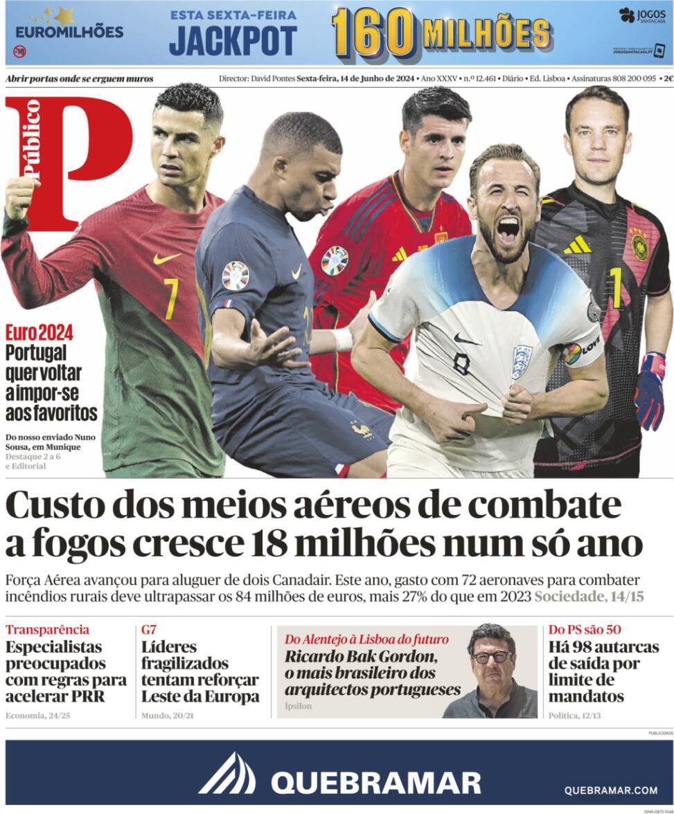 P&uacute;blico: Capa da Edi&ccedil;&atilde;o de sexta-feira, 14 de junho 2024