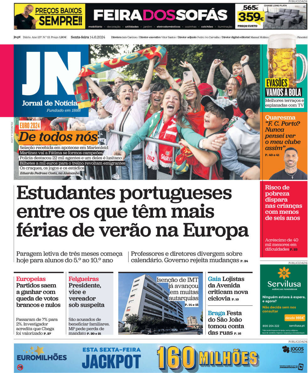 Jornal de Not&iacute;cias: Capa da Edi&ccedil;&atilde;o de sexta-feira, 14 de junho 2024