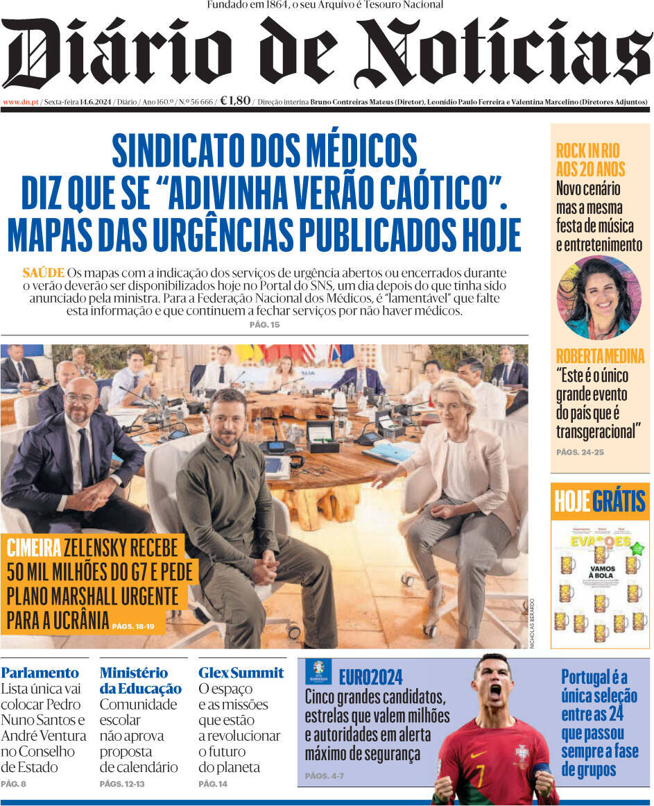 Di&aacute;rio de Not&iacute;cias: Capa da Edi&ccedil;&atilde;o de sexta-feira, 14 de junho 2024