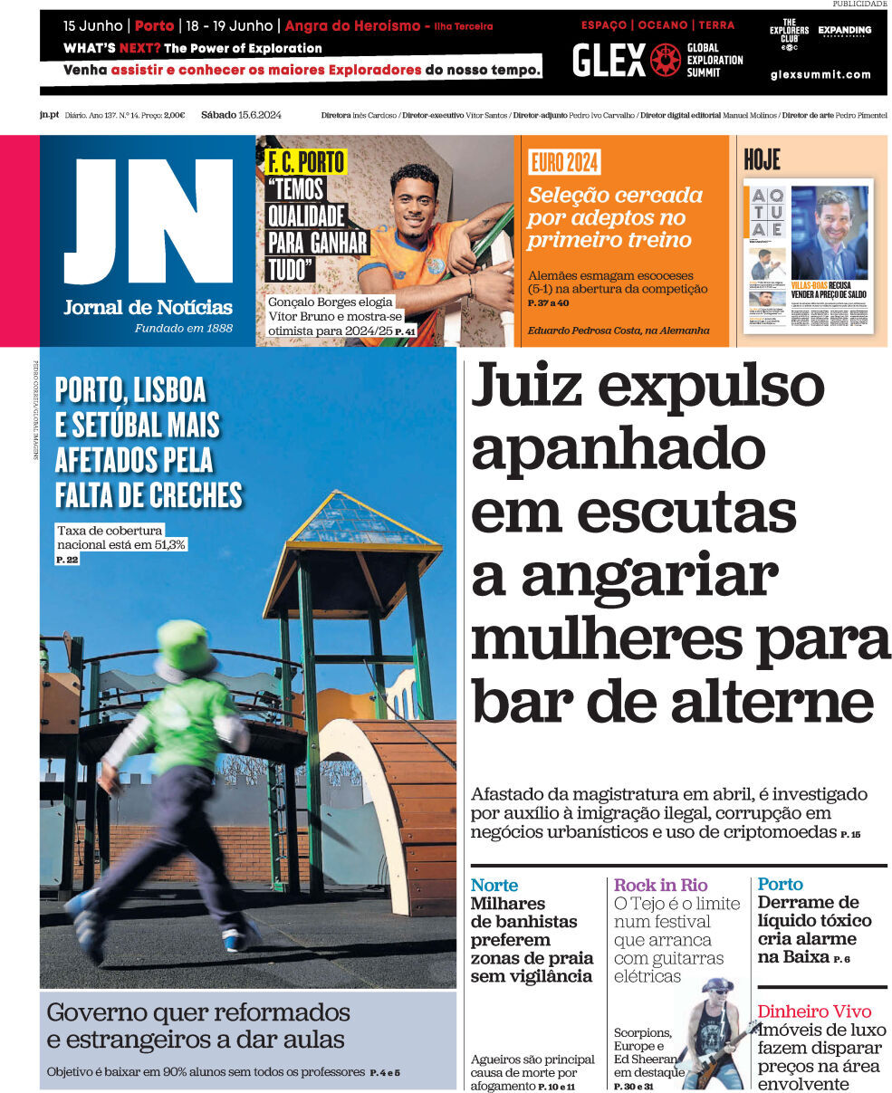 Jornal de Not&iacute;cias: Capa da Edi&ccedil;&atilde;o de s&aacute;bado, 15 de junho 2024