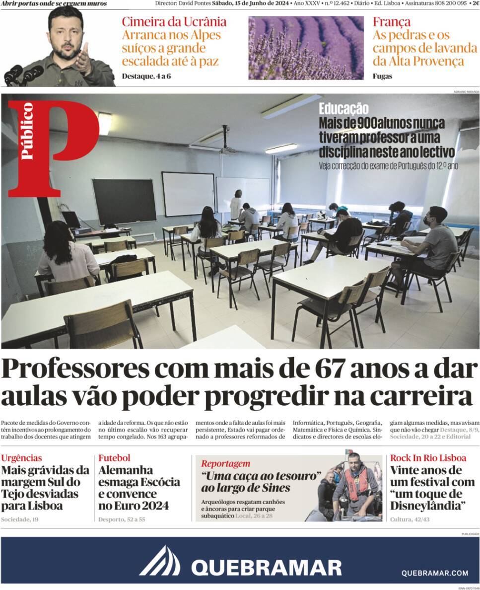 P&uacute;blico: Capa da Edi&ccedil;&atilde;o de s&aacute;bado, 15 de junho 2024