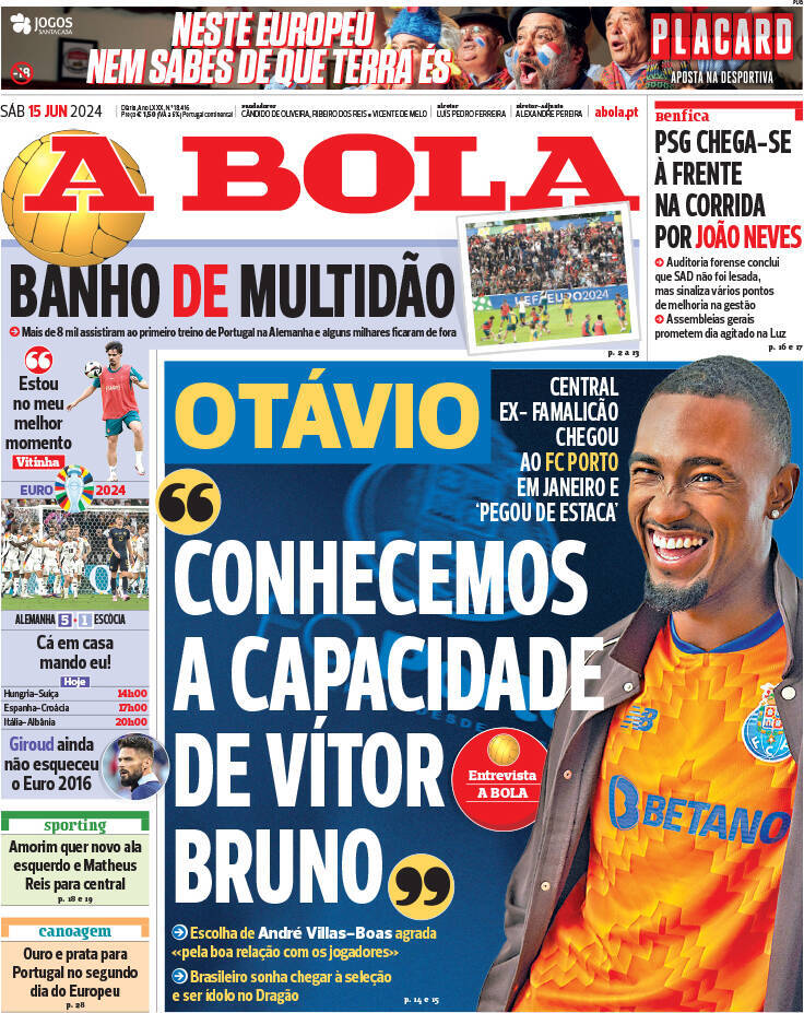A Bola: Capa da Edi&ccedil;&atilde;o de s&aacute;bado, 15 de junho 2024