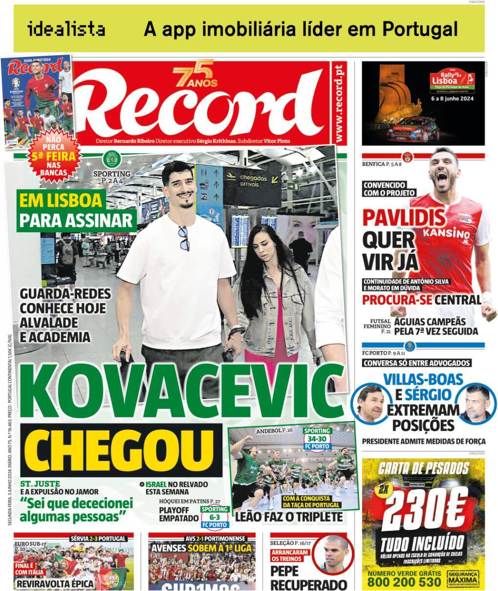Record: Capa da Edi&ccedil;&atilde;o de segunda-feira, 03 de junho 2024