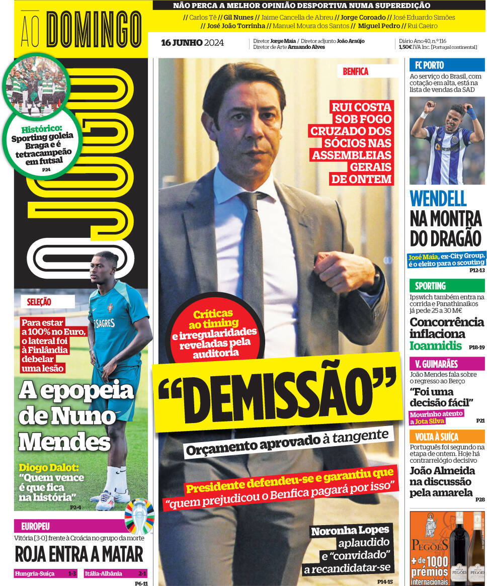 O Jogo: Capa da Edi&ccedil;&atilde;o de domingo, 16 de junho 2024