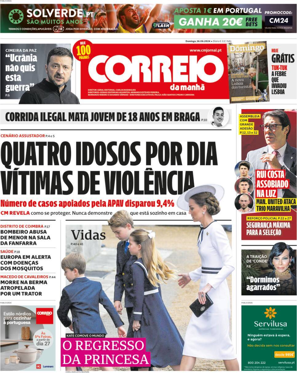 Correio da Manh&atilde;: Capa da Edi&ccedil;&atilde;o de domingo, 16 de junho 2024