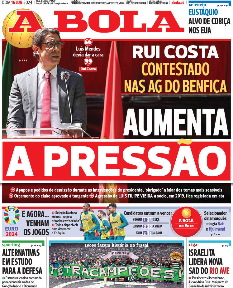 A Bola: Capa da Edi&ccedil;&atilde;o de domingo, 16 de junho 2024