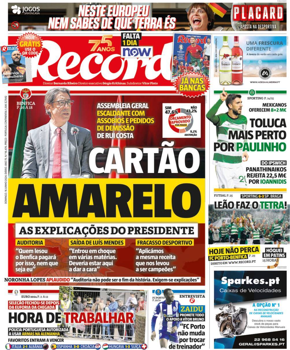Record: Capa da Edi&ccedil;&atilde;o de domingo, 16 de junho 2024
