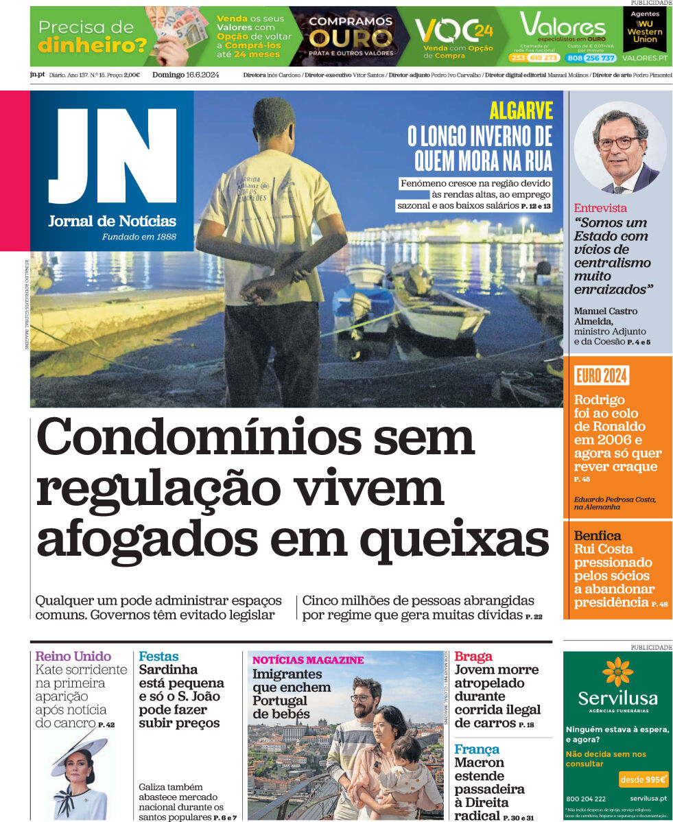 Jornal de Not&iacute;cias: Capa da Edi&ccedil;&atilde;o de domingo, 16 de junho 2024