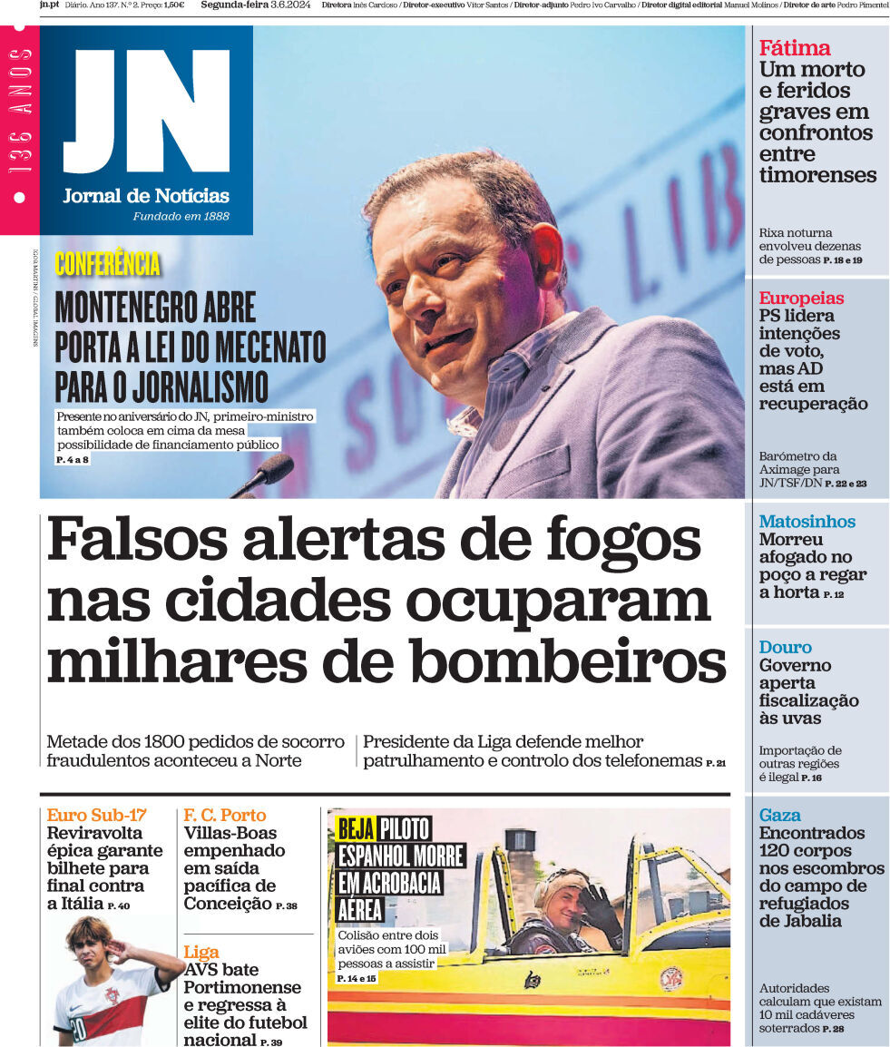 Jornal de Not&iacute;cias: Capa da Edi&ccedil;&atilde;o de segunda-feira, 03 de junho 2024
