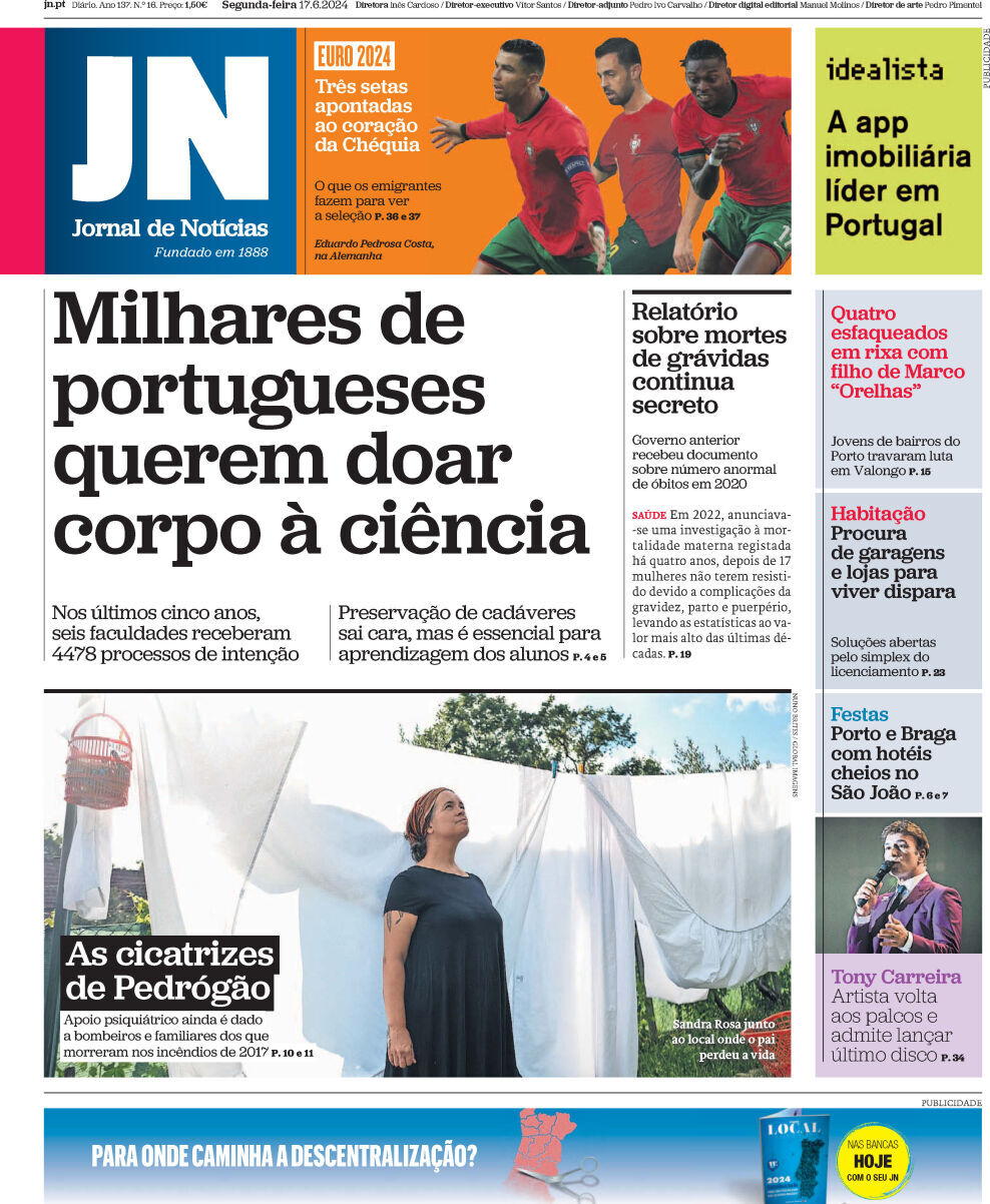 Jornal de Not&iacute;cias: Capa da Edi&ccedil;&atilde;o de segunda-feira, 17 de junho 2024