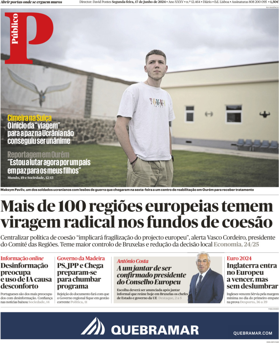 P&uacute;blico: Capa da Edi&ccedil;&atilde;o de segunda-feira, 17 de junho 2024