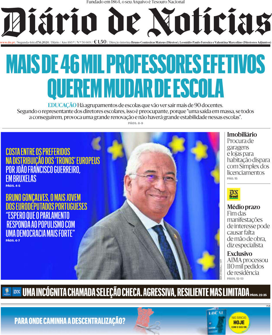 Di&aacute;rio de Not&iacute;cias: Capa da Edi&ccedil;&atilde;o de segunda-feira, 17 de junho 2024