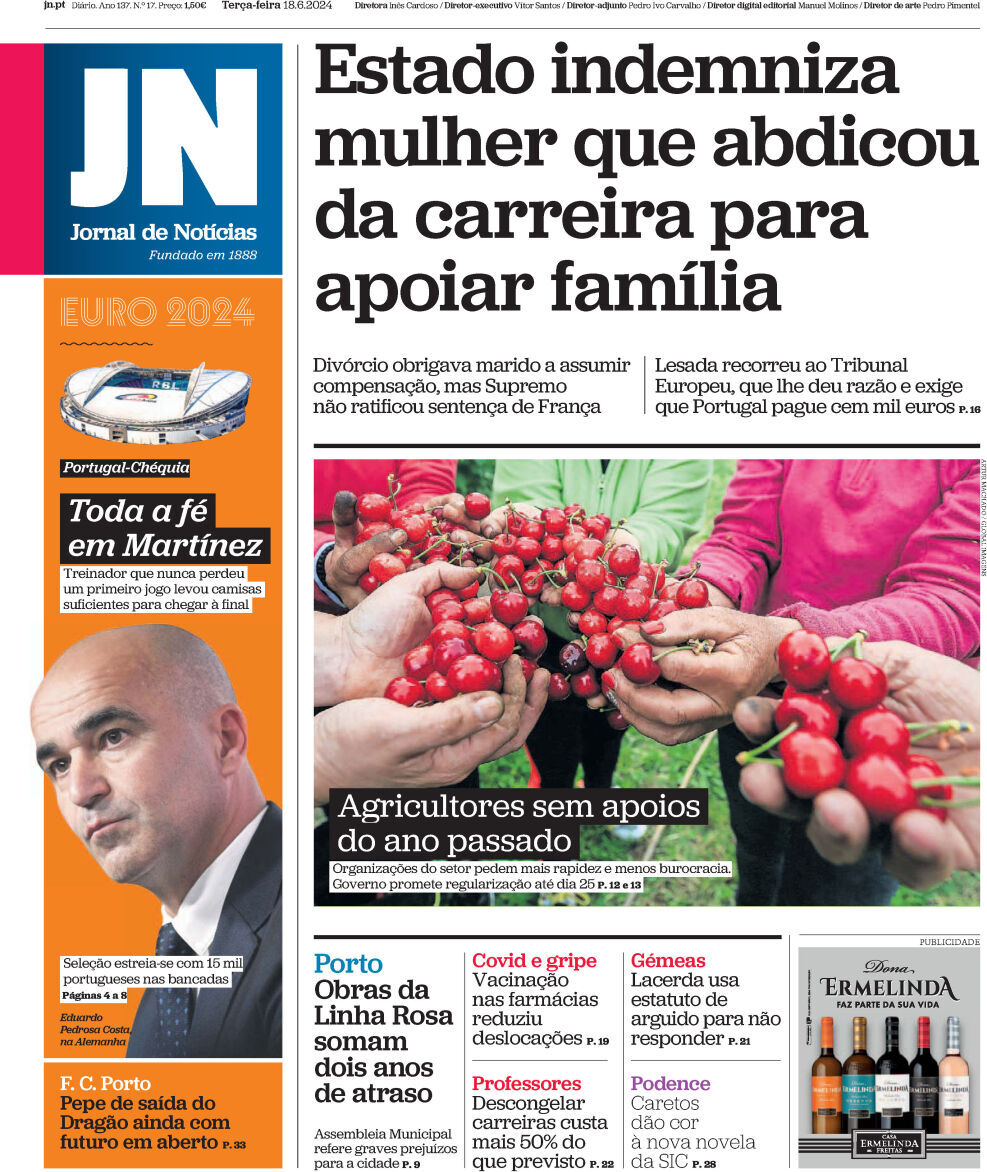 Jornal de Not&iacute;cias: Capa da Edi&ccedil;&atilde;o de ter&ccedil;a-feira, 18 de junho 2024
