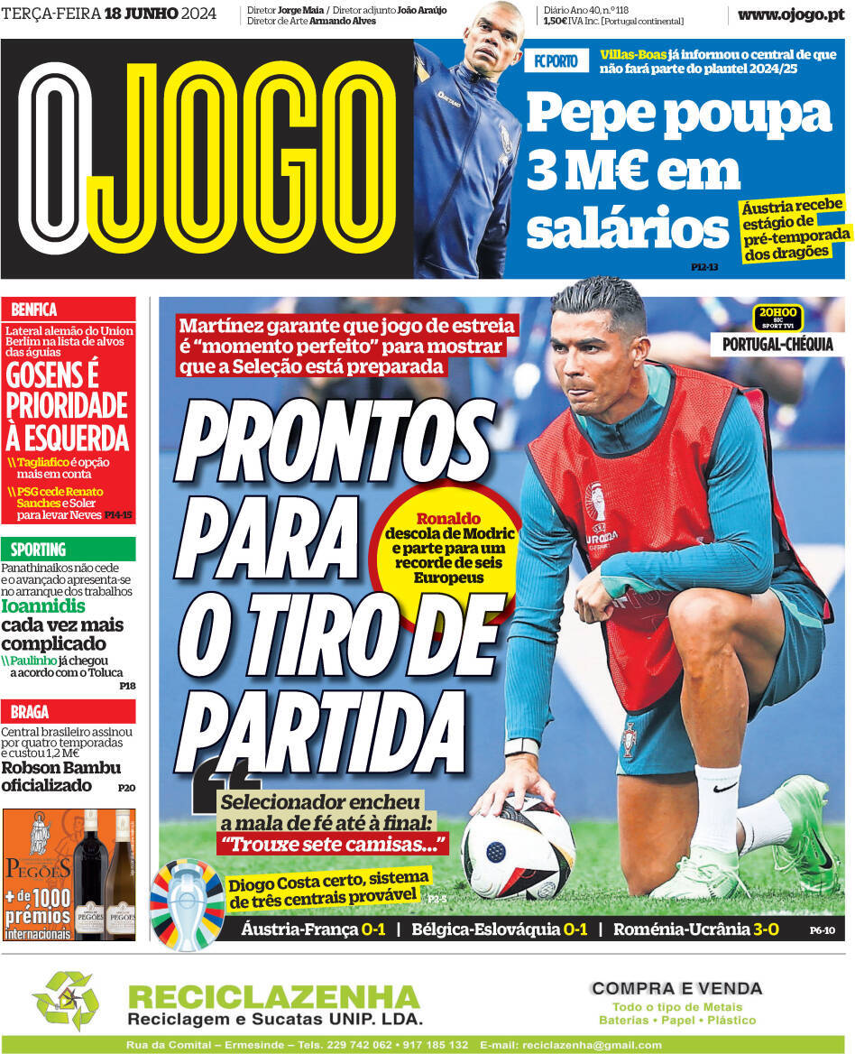 O Jogo: Capa da Edi&ccedil;&atilde;o de ter&ccedil;a-feira, 18 de junho 2024