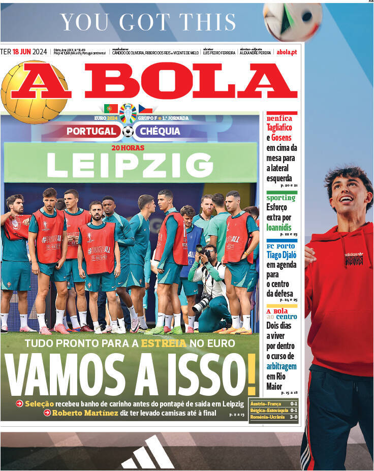 A Bola: Capa da Edi&ccedil;&atilde;o de ter&ccedil;a-feira, 18 de junho 2024