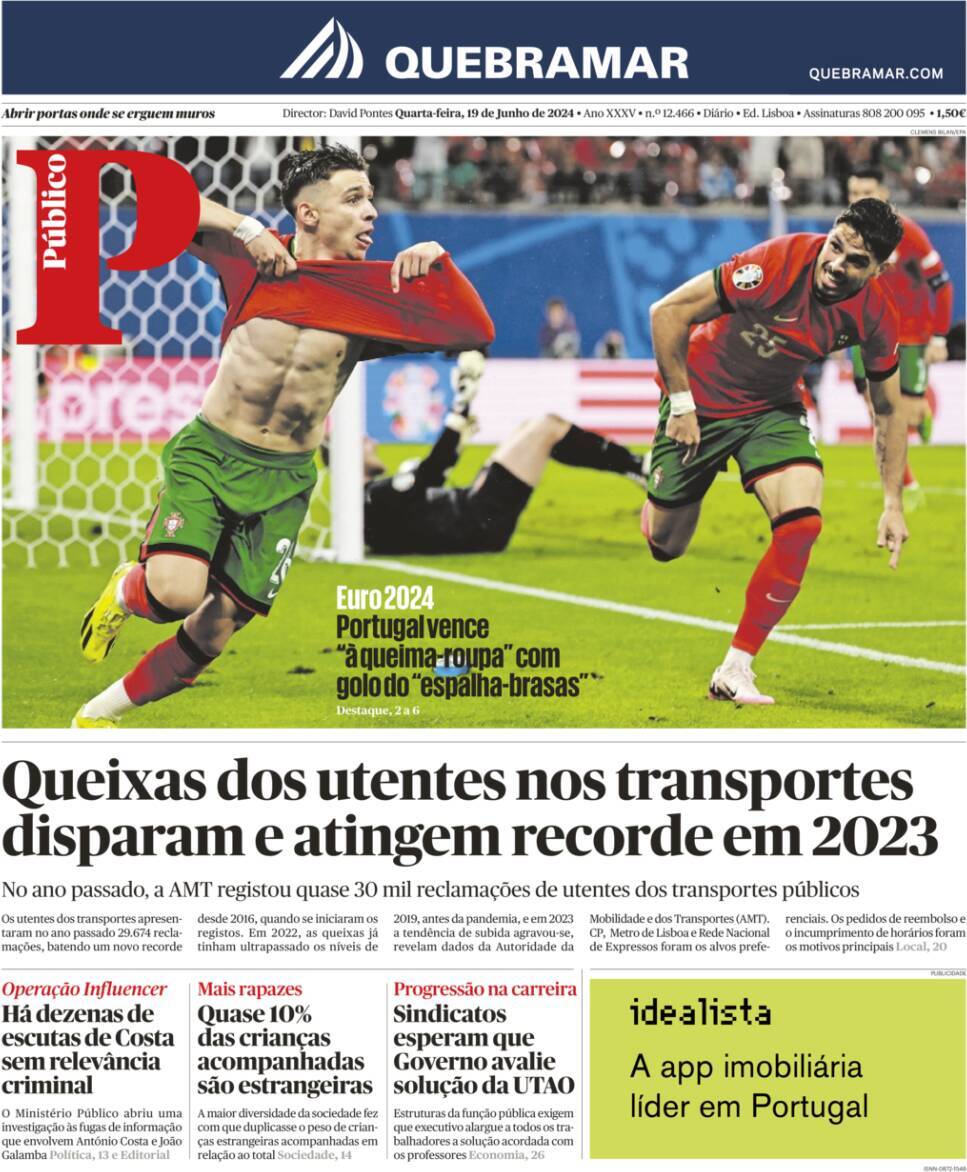 P&uacute;blico: Capa da Edi&ccedil;&atilde;o de quarta-feira, 19 de junho 2024