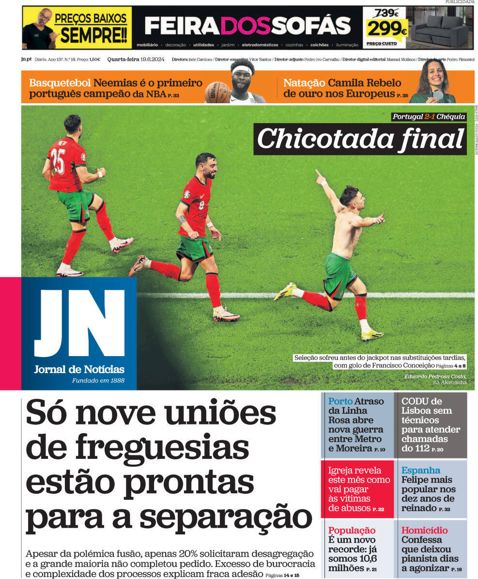 Jornal de Not&iacute;cias: Capa da Edi&ccedil;&atilde;o de quarta-feira, 19 de junho 2024