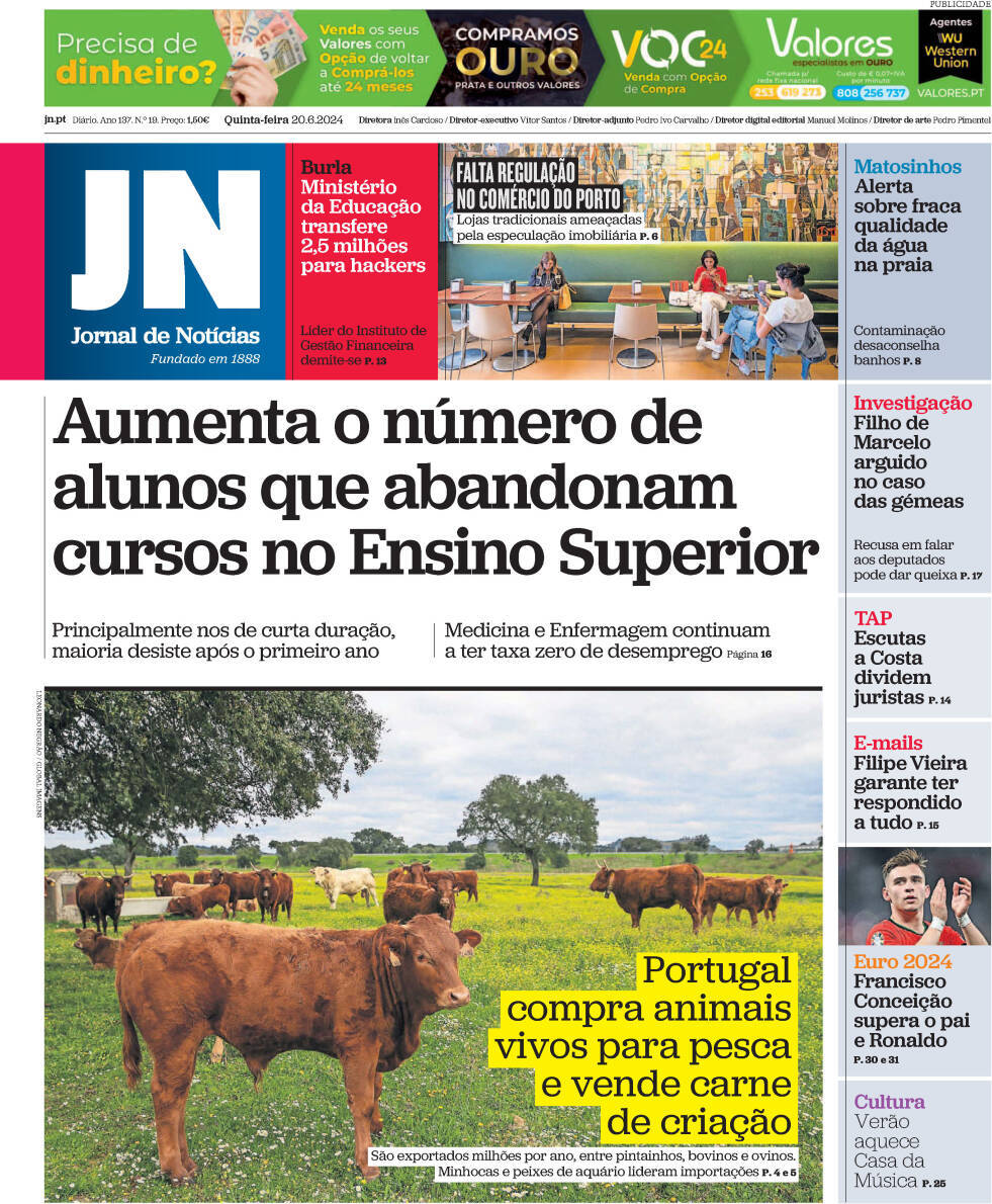 Jornal de Not&iacute;cias: Capa da Edi&ccedil;&atilde;o de quinta-feira, 20 de junho 2024